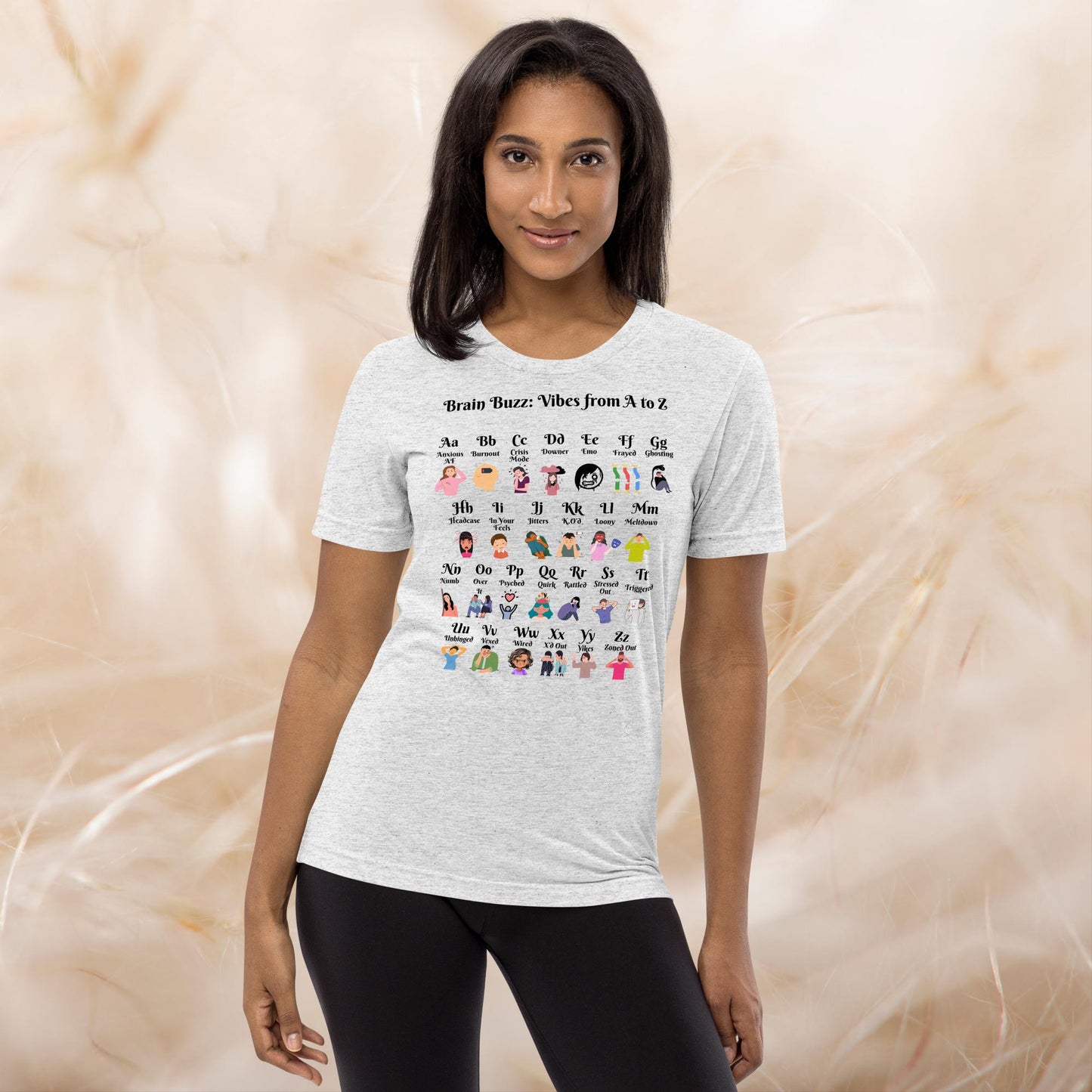 Brain Buzz Vibes from A to Z T-Shirt featuring mental health slang, custom self-care shirt for therapy support and anxiety relief