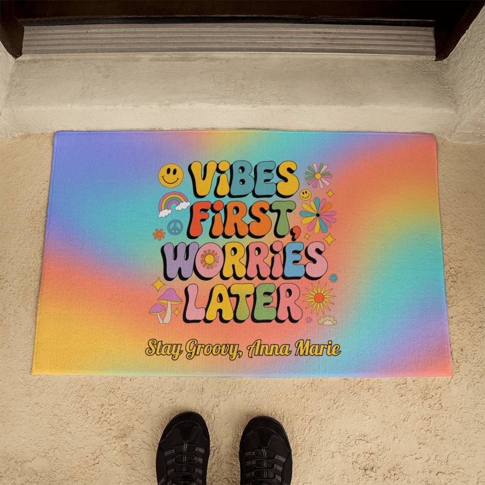 Vibes First Worries Later Welcome Mat - Retro Mental Health Entry Rug - MySisterIsASurvivor