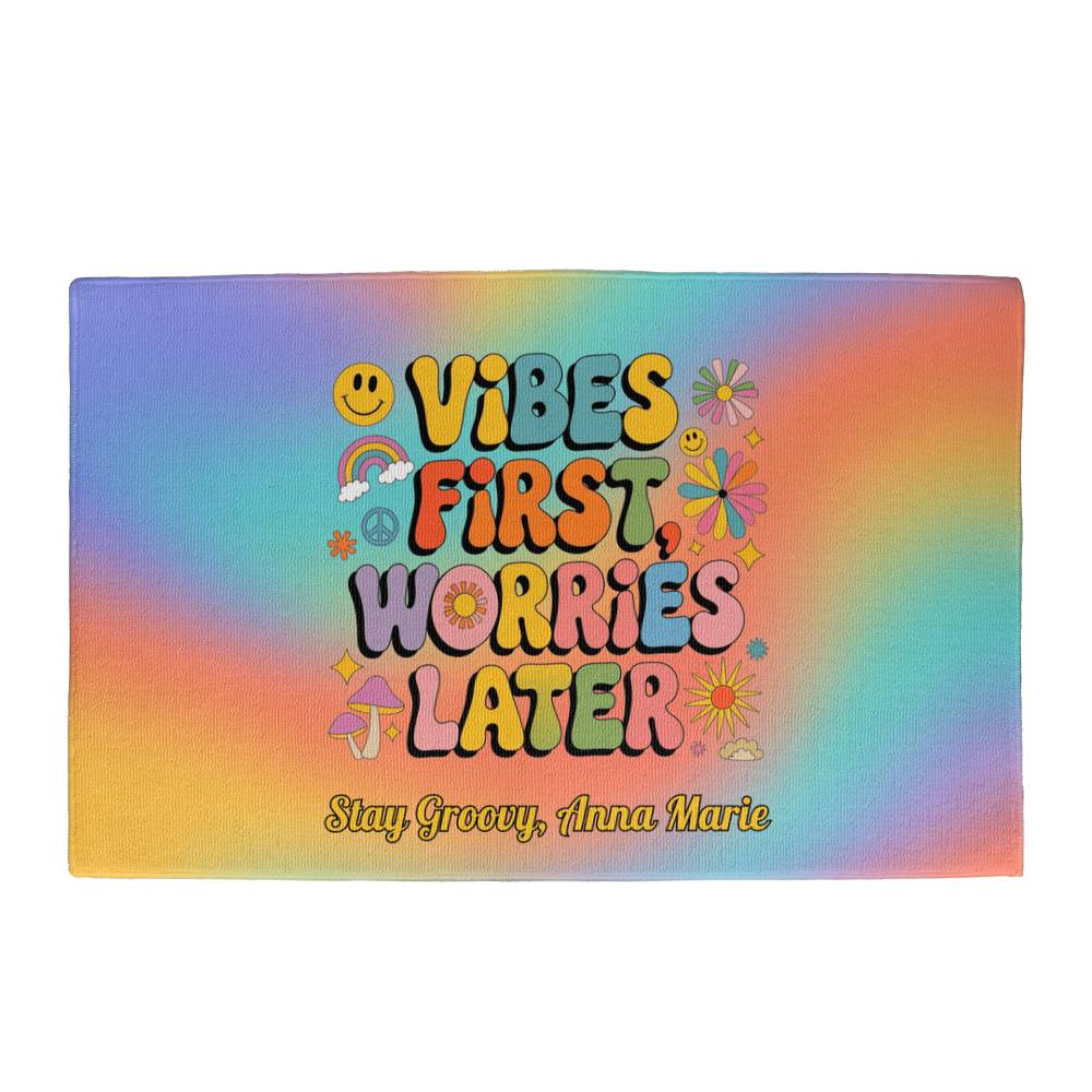 Vibes First Worries Later Welcome Mat - Retro Mental Health Entry Rug - MySisterIsASurvivor