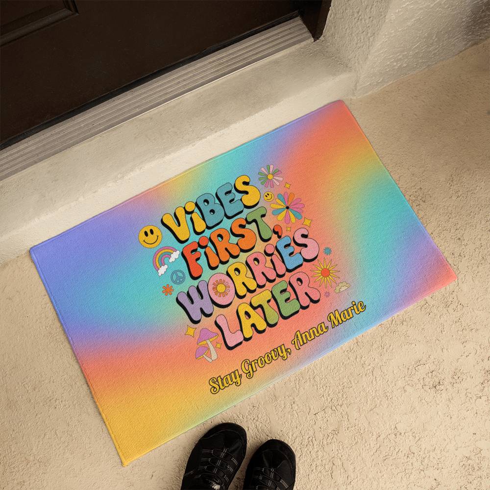 Vibes First Worries Later Welcome Mat - Retro Mental Health Entry Rug - MySisterIsASurvivor