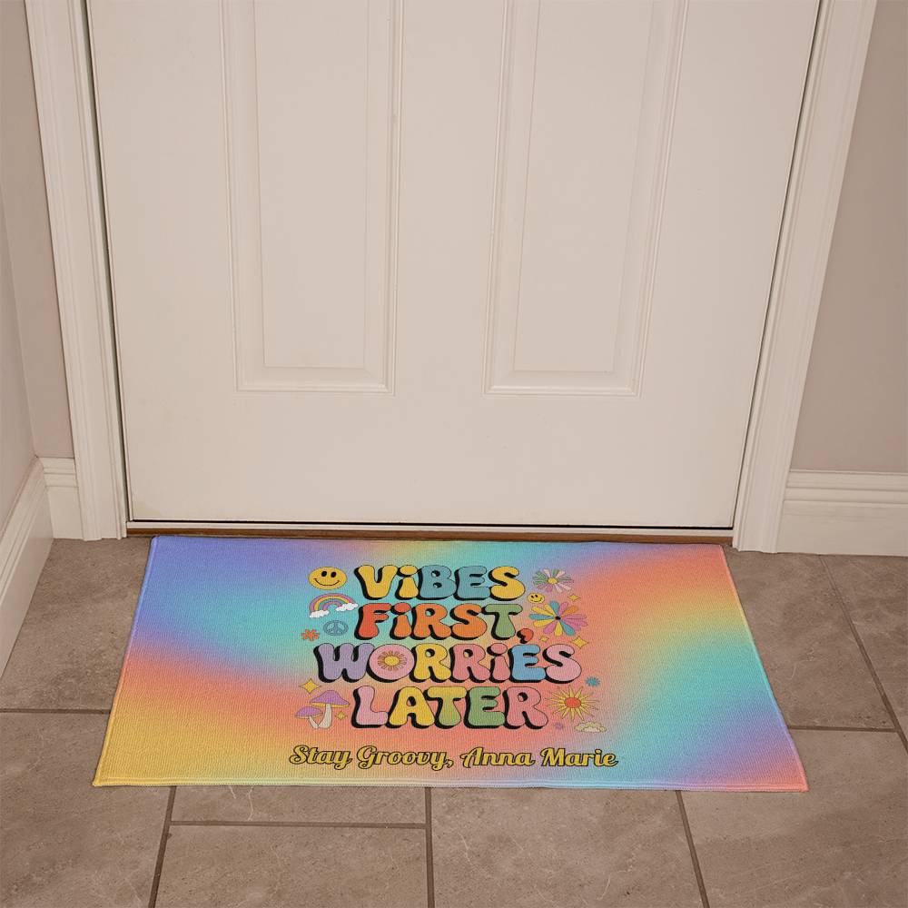 Vibes First Worries Later Welcome Mat - Retro Mental Health Entry Rug - MySisterIsASurvivor