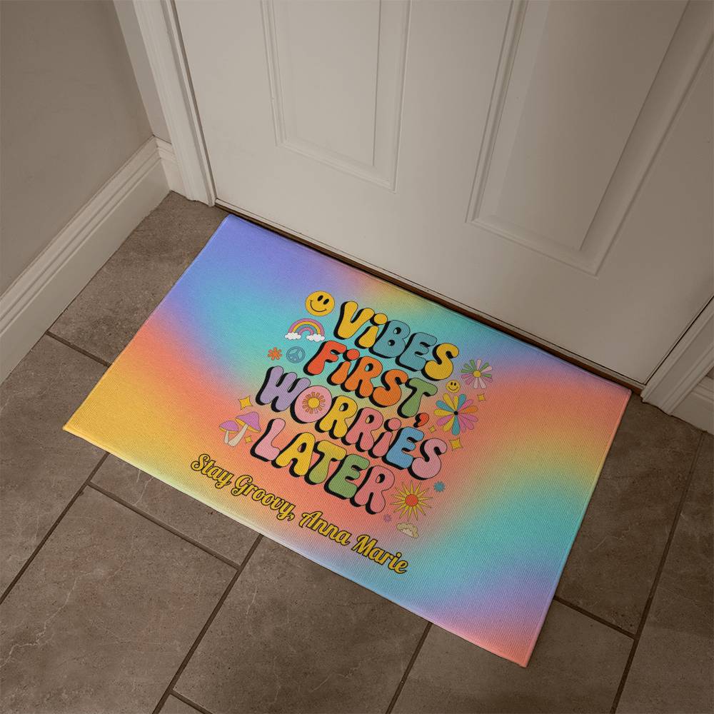 Vibes First Worries Later Welcome Mat - Retro Mental Health Entry Rug - MySisterIsASurvivor