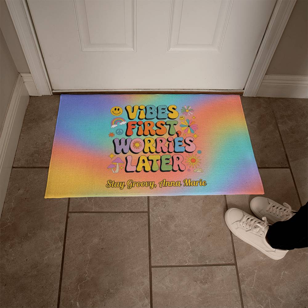 Vibes First Worries Later Welcome Mat - Retro Mental Health Entry Rug - MySisterIsASurvivor