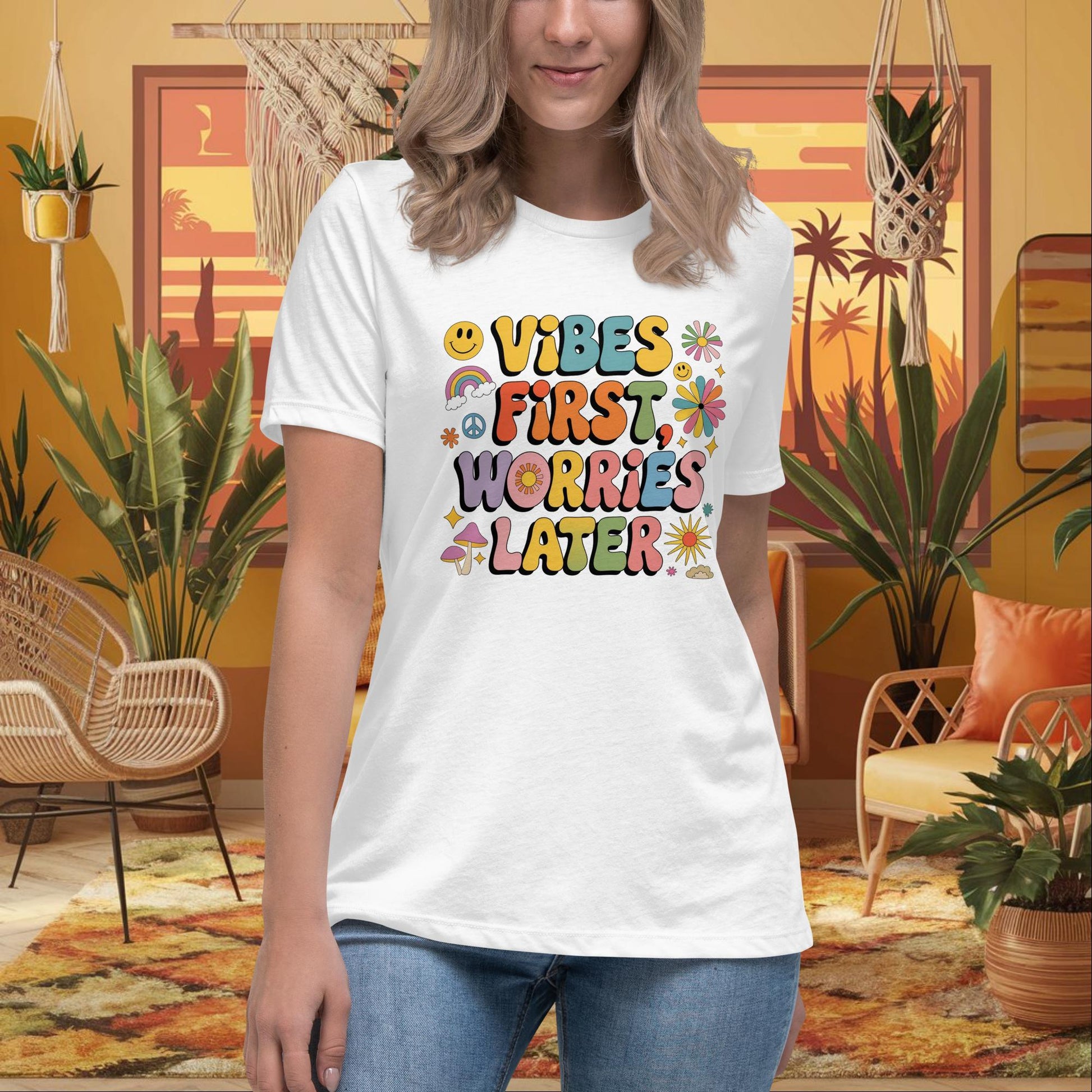 Vibes First Worries Later Women’s Relaxed Tee - Personalized Self - Care Shirt - MySisterIsASurvivor