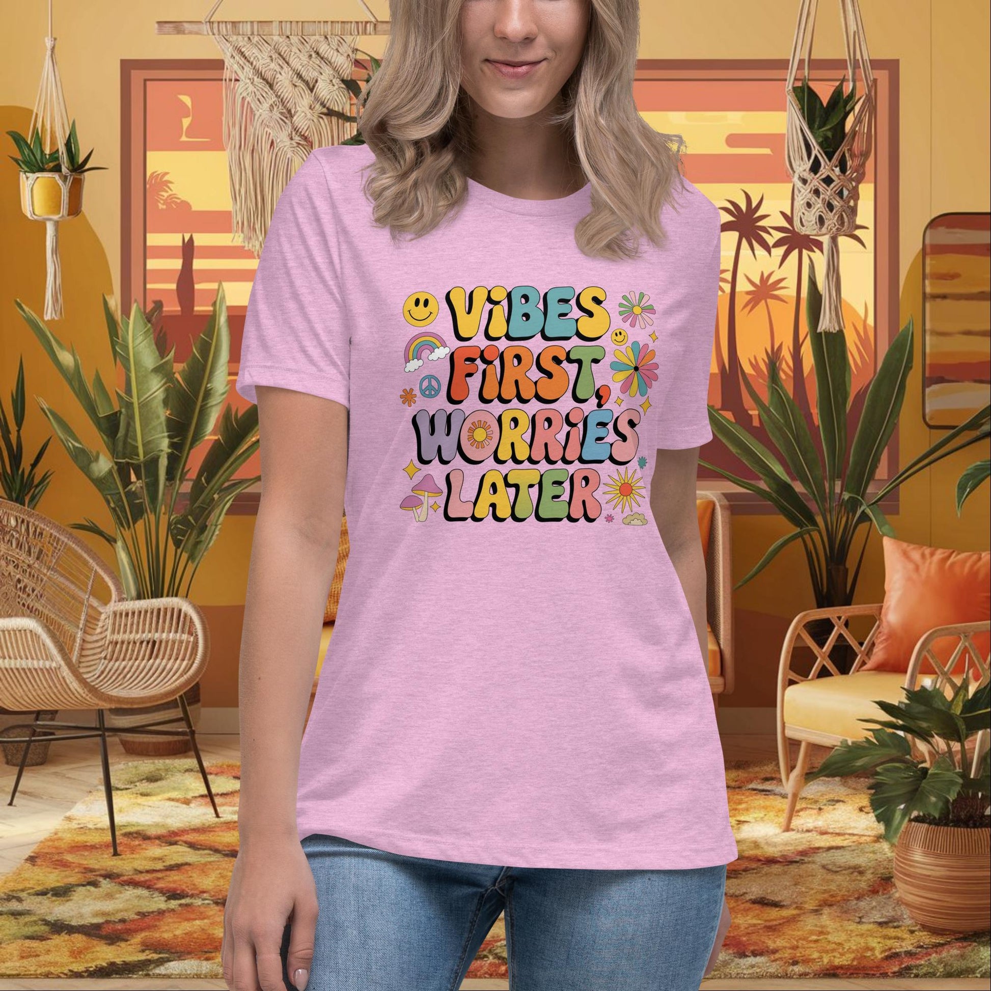 Vibes First Worries Later Women’s Relaxed Tee - Personalized Self - Care Shirt - MySisterIsASurvivor