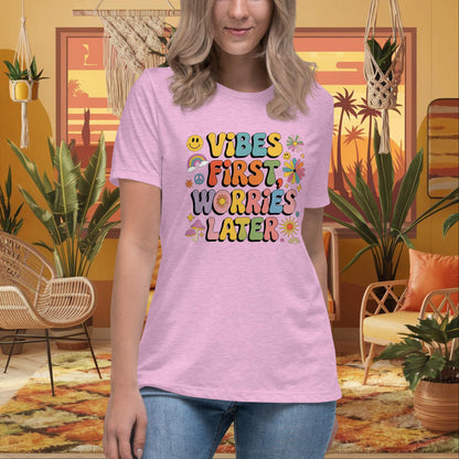 Vibes First Worries Later Women’s Relaxed Tee - Personalized Self - Care Shirt - MySisterIsASurvivor