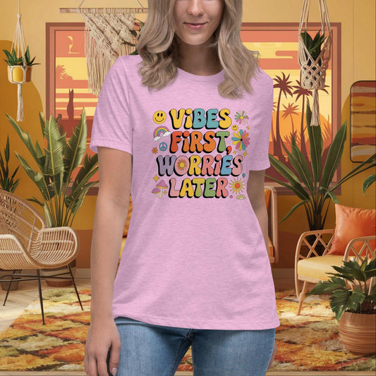 Vibes First Worries Later Women’s Relaxed Tee - Personalized Self - Care Shirt - MySisterIsASurvivor