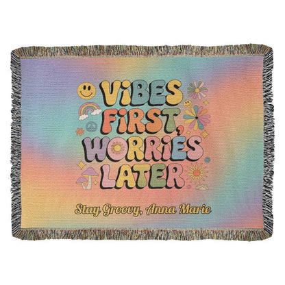 Vibes First Worries Later Woven Blanket - Personalized Mental Health Throw - MySisterIsASurvivor