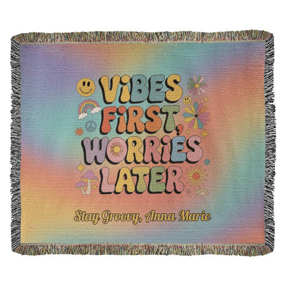 Vibes First Worries Later Woven Blanket - Personalized Mental Health Throw - MySisterIsASurvivor
