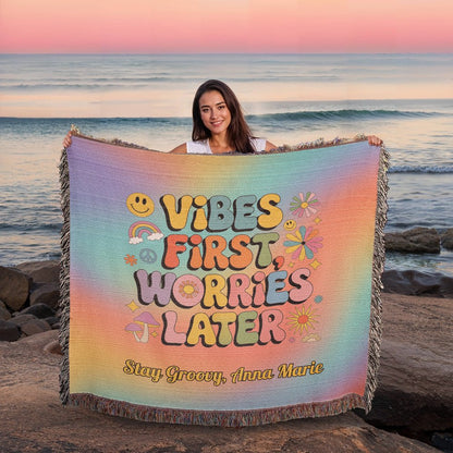 Vibes First Worries Later Woven Blanket - Personalized Mental Health Throw - MySisterIsASurvivor