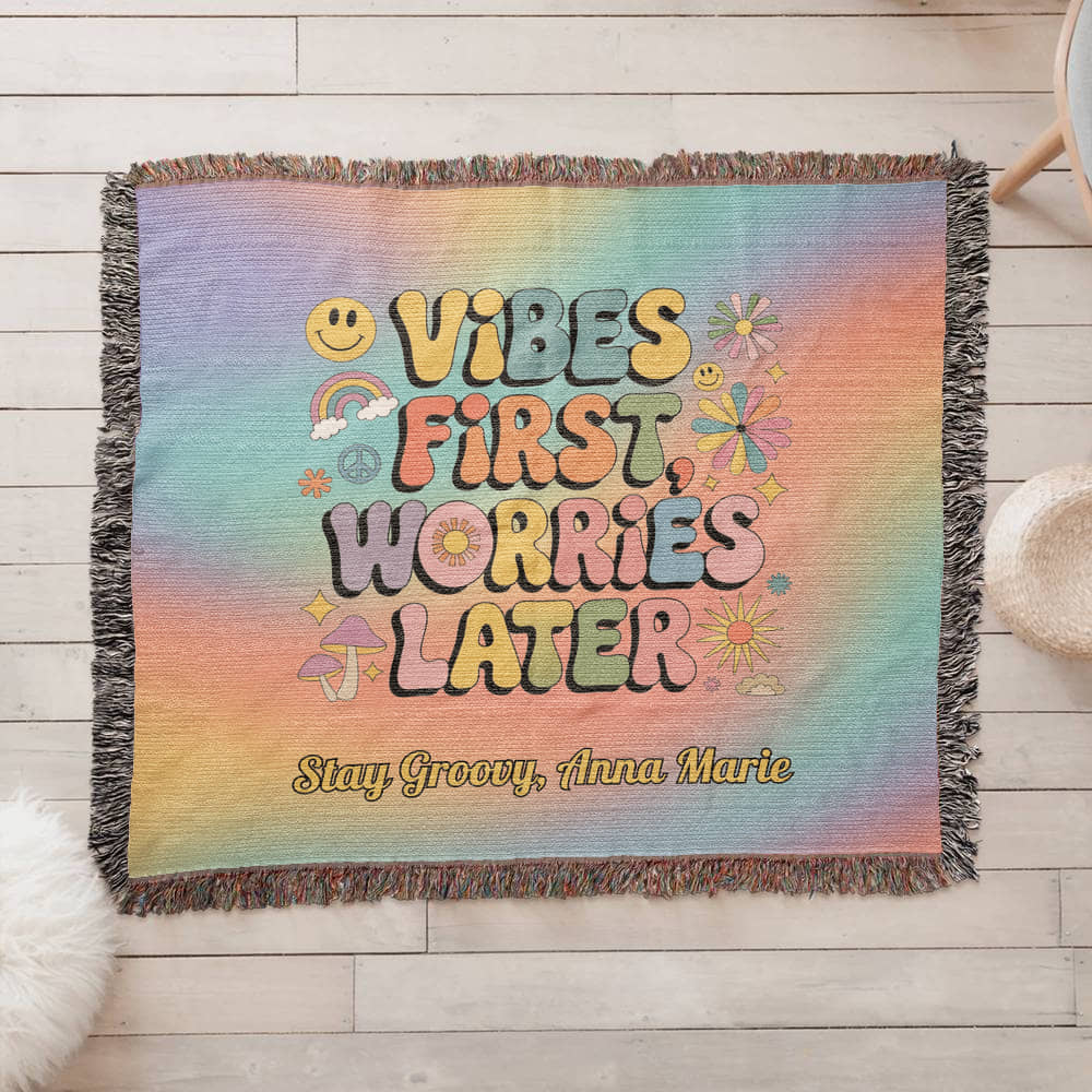 Vibes First Worries Later Woven Blanket - Personalized Mental Health Throw - MySisterIsASurvivor