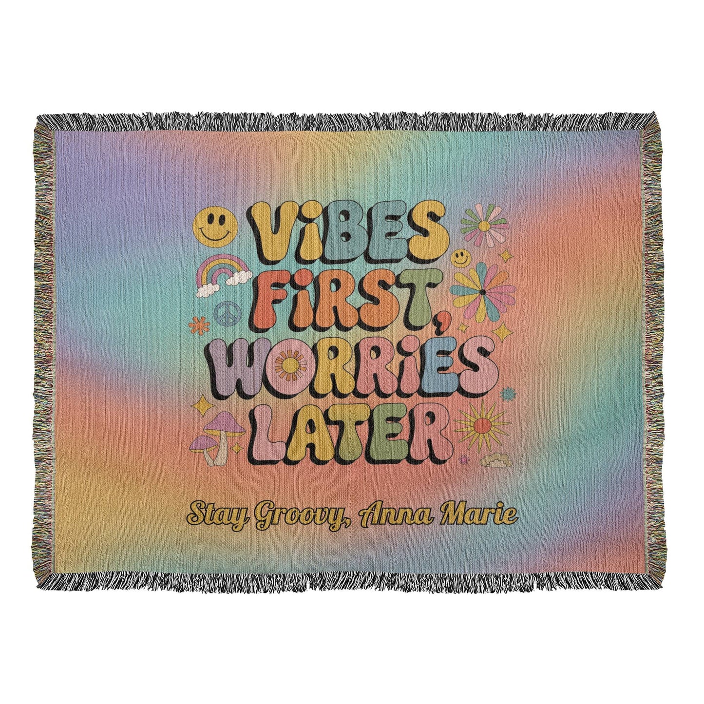 Vibes First Worries Later Woven Blanket - Personalized Mental Health Throw - MySisterIsASurvivor