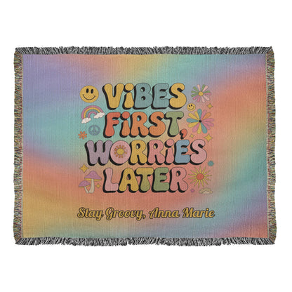 Vibes First Worries Later Woven Blanket - Personalized Mental Health Throw - MySisterIsASurvivor