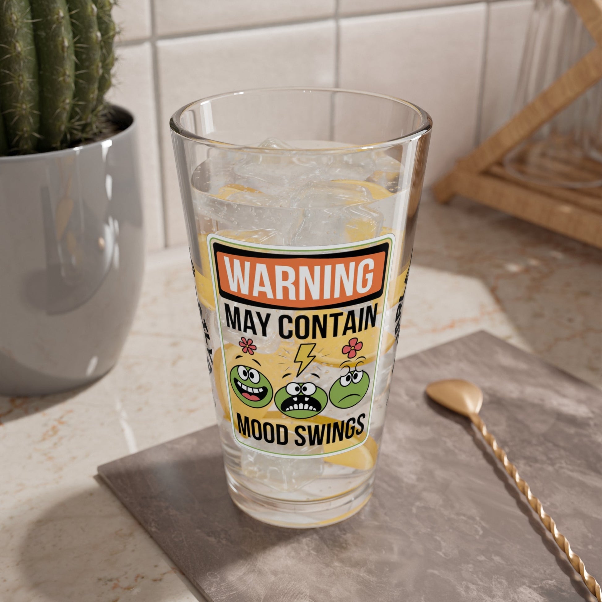 Warning May Contain Mood Swings - Personalized Funny Pint Glass, Sassy Drinkware with Attitude, Daily Dose of Attitude and Humor