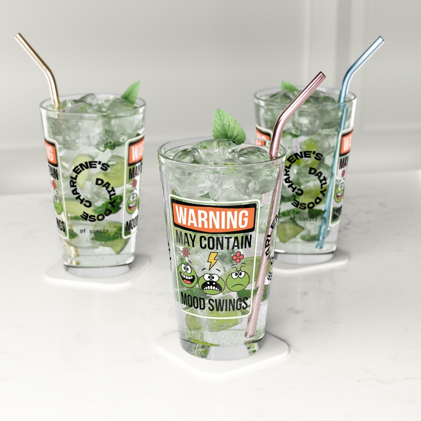 Warning May Contain Mood Swings - Personalized Funny Pint Glass, Sassy Drinkware with Attitude, Daily Dose of Attitude and Humor
