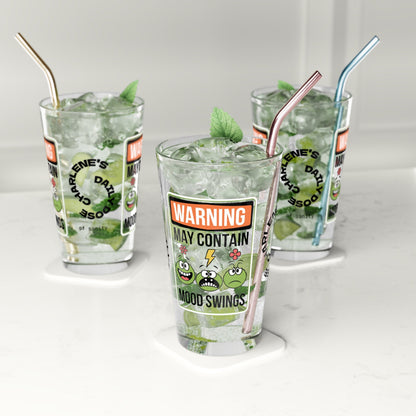 Warning May Contain Mood Swings - Personalized Funny Pint Glass, Sassy Drinkware with Attitude, Daily Dose of Attitude and Humor