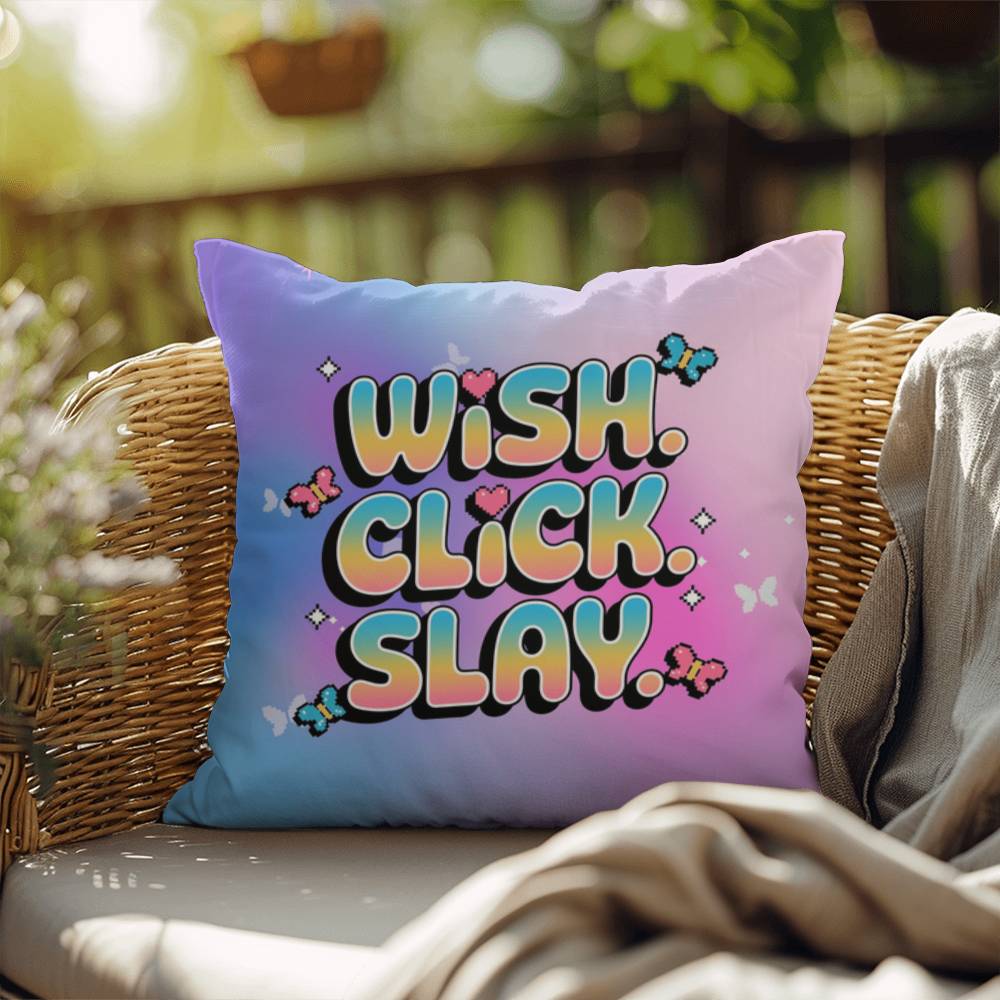 Wish Click Slay Y2K throw pillow custom name empowerment gift - MySisterIsASurvivor