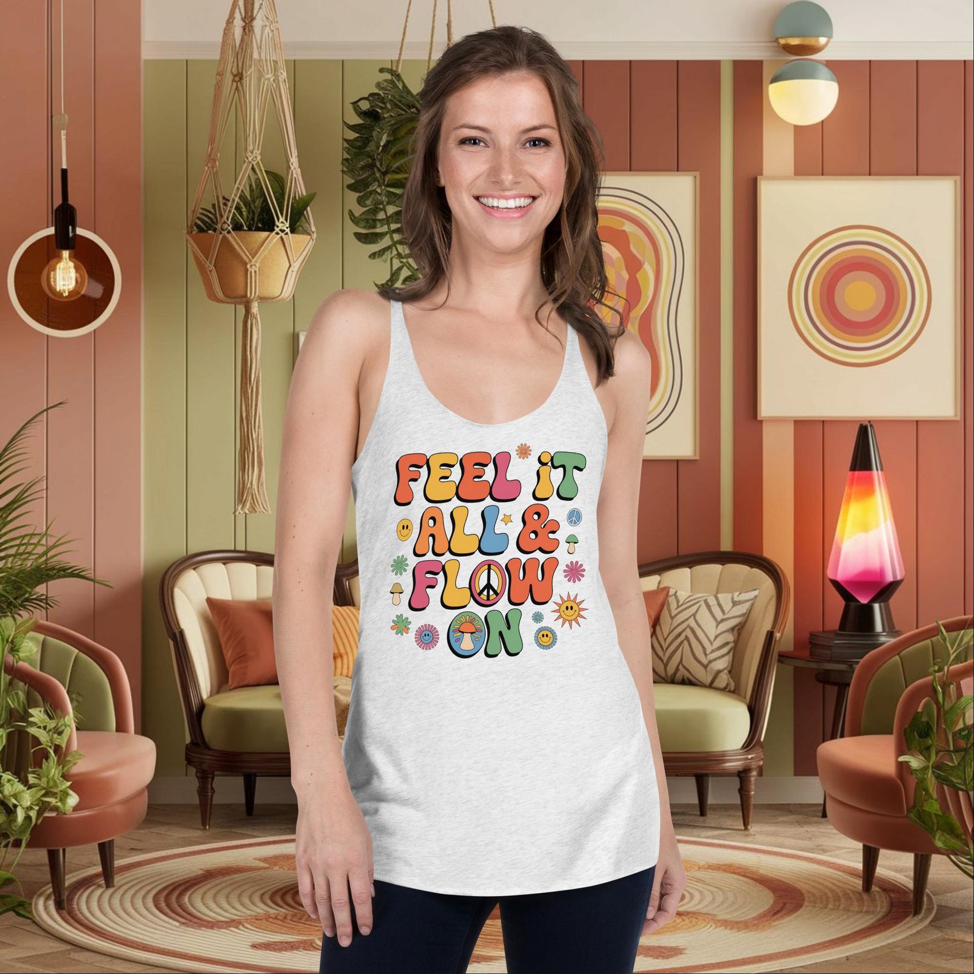 Personalized Retro Women’s Mental Health Racerback Tank, “Feel It All & Flow On” Affirmation Shirt