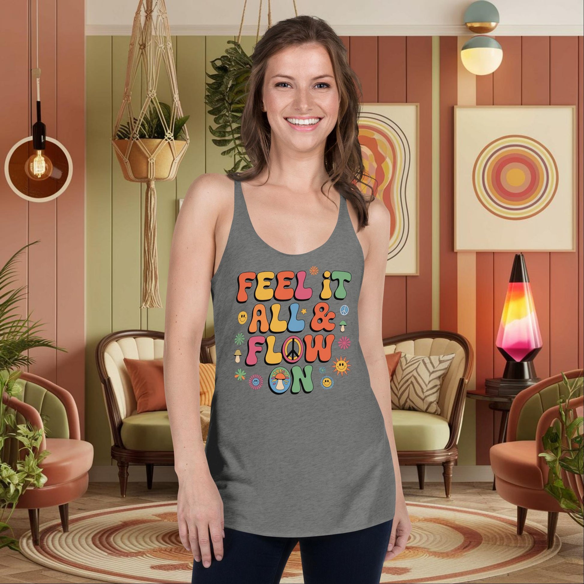 Personalized Retro Women’s Mental Health Racerback Tank, “Feel It All & Flow On” Affirmation Shirt