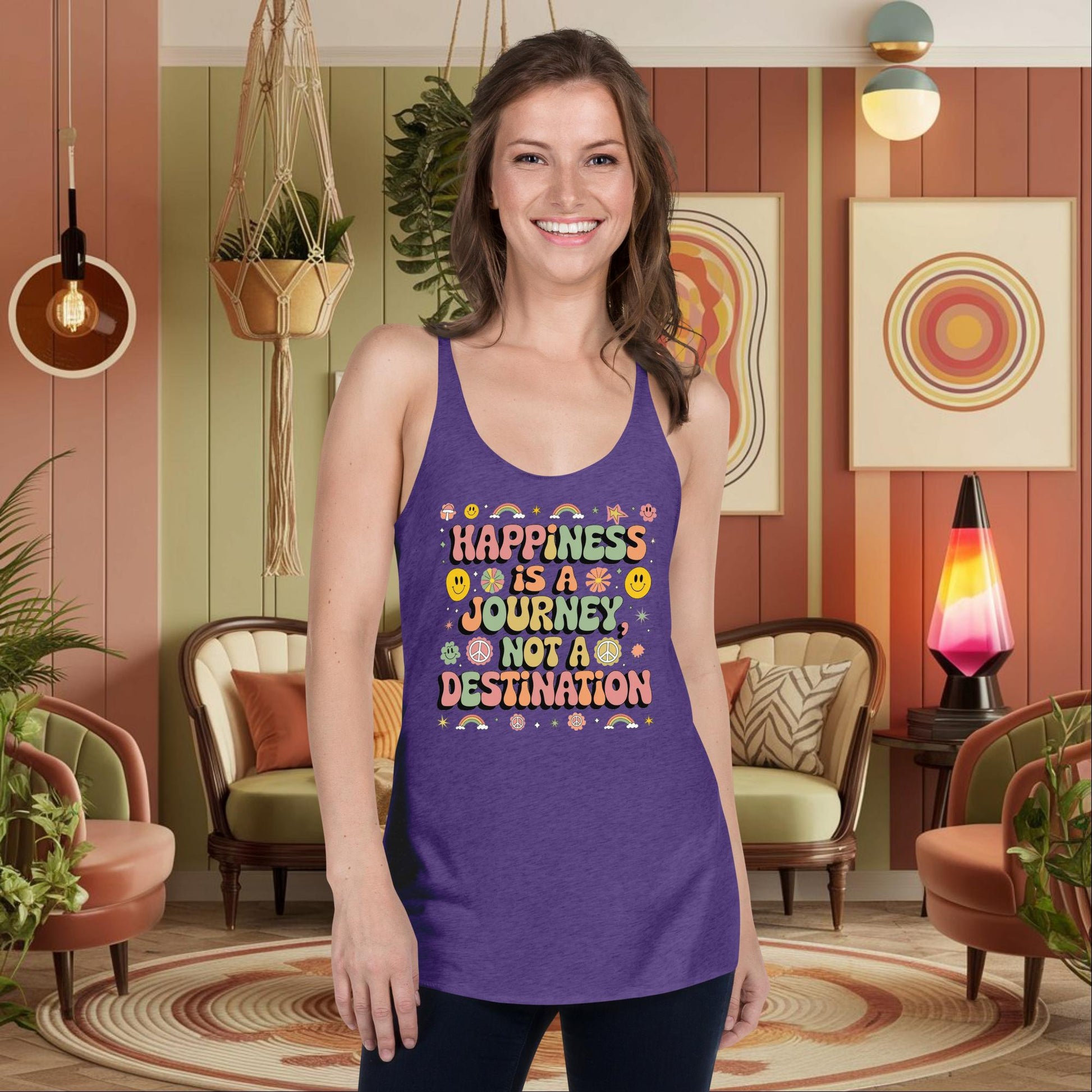 Personalized Retro Women’s Tank, “Happiness is a Journey, Not a Destination” Mental Health Affirmation Shirt