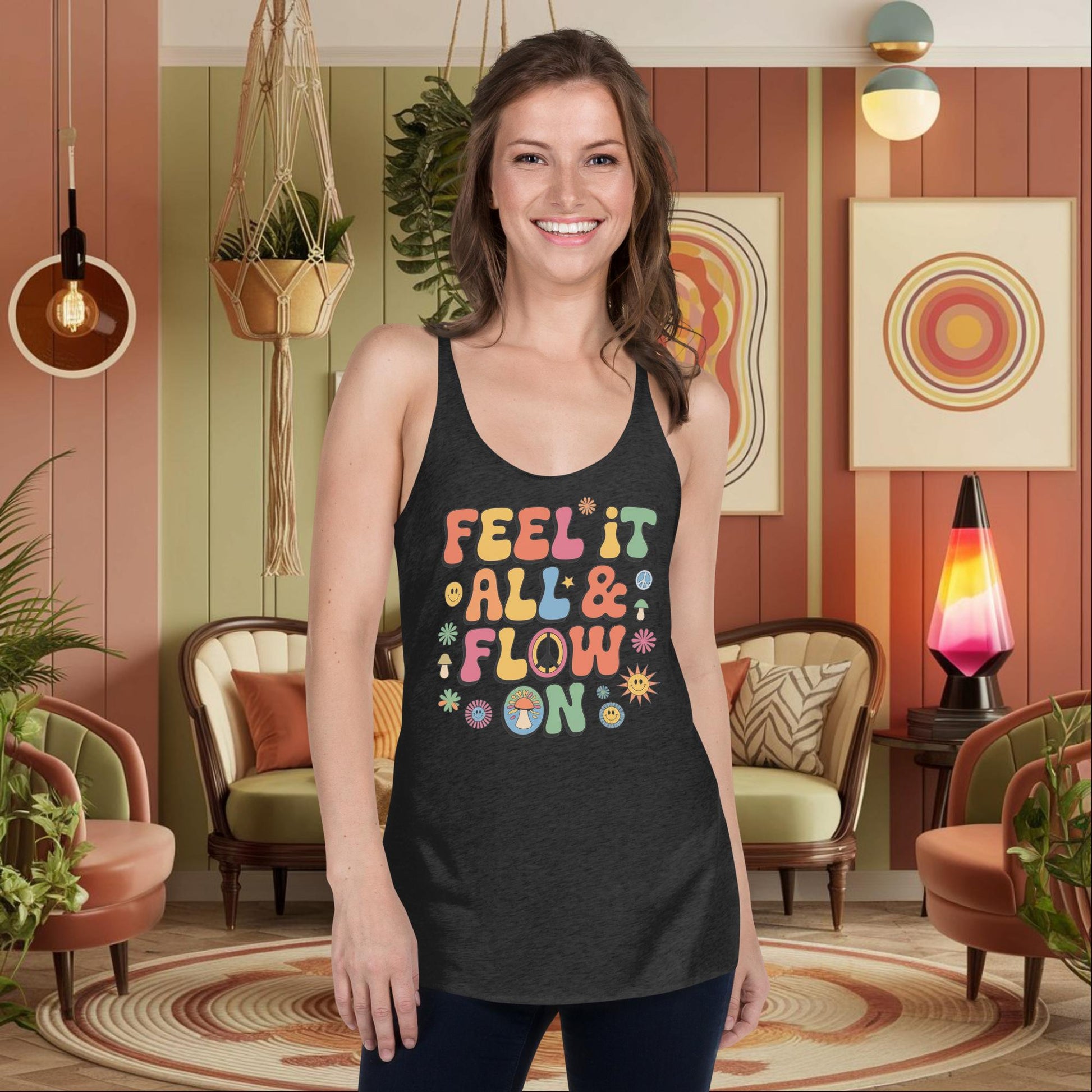 Personalized Retro Women’s Mental Health Racerback Tank, “Feel It All & Flow On” Affirmation Shirt