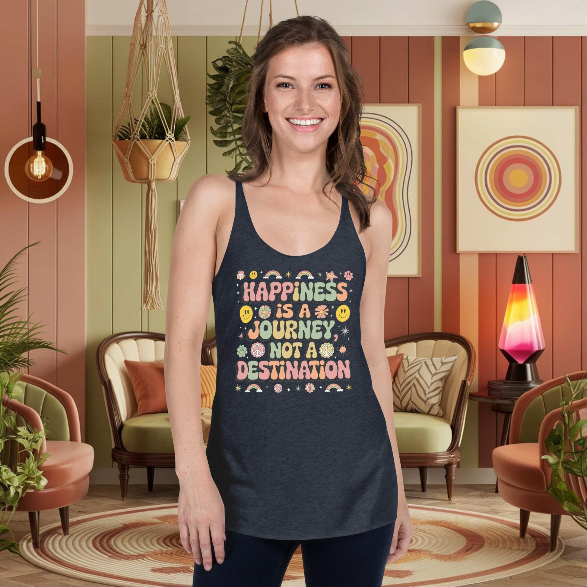 Personalized Retro Women’s Tank, “Happiness is a Journey, Not a Destination” Mental Health Affirmation Shirt