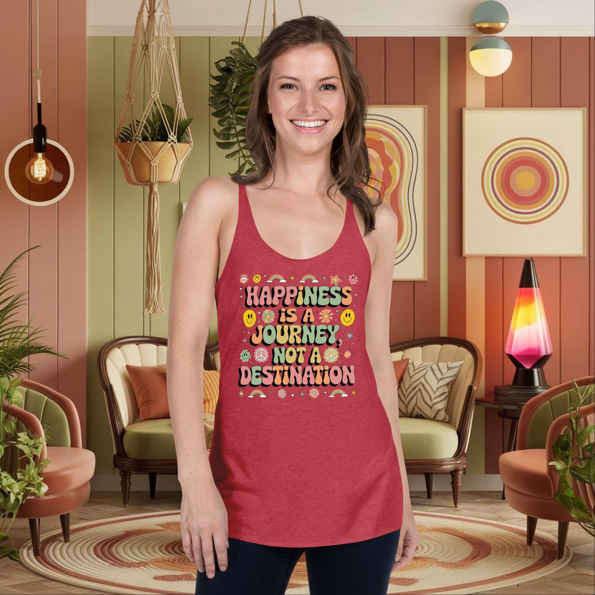 Personalized Retro Women’s Tank, “Happiness is a Journey, Not a Destination” Mental Health Affirmation Shirt