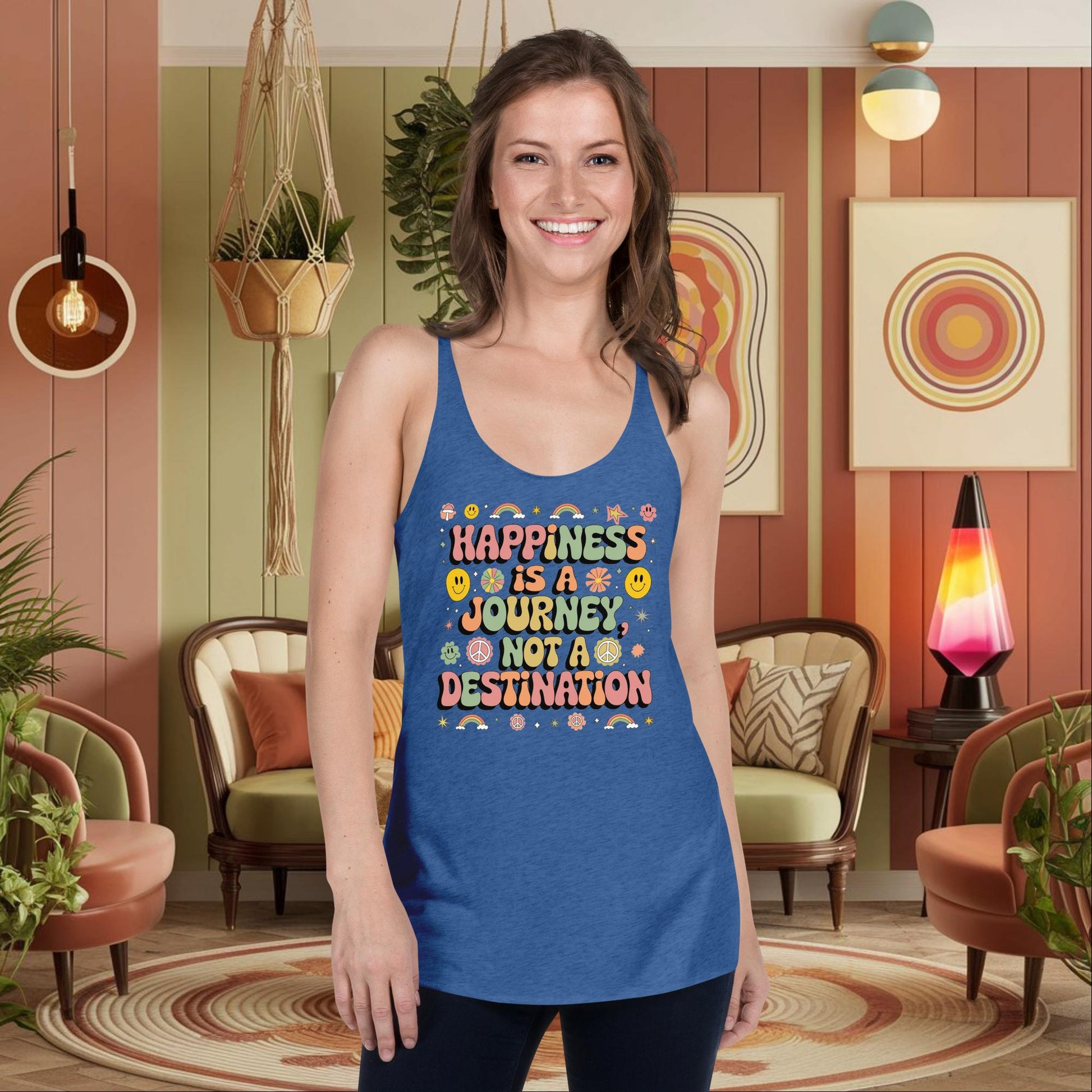Personalized Retro Women’s Tank, “Happiness is a Journey, Not a Destination” Mental Health Affirmation Shirt