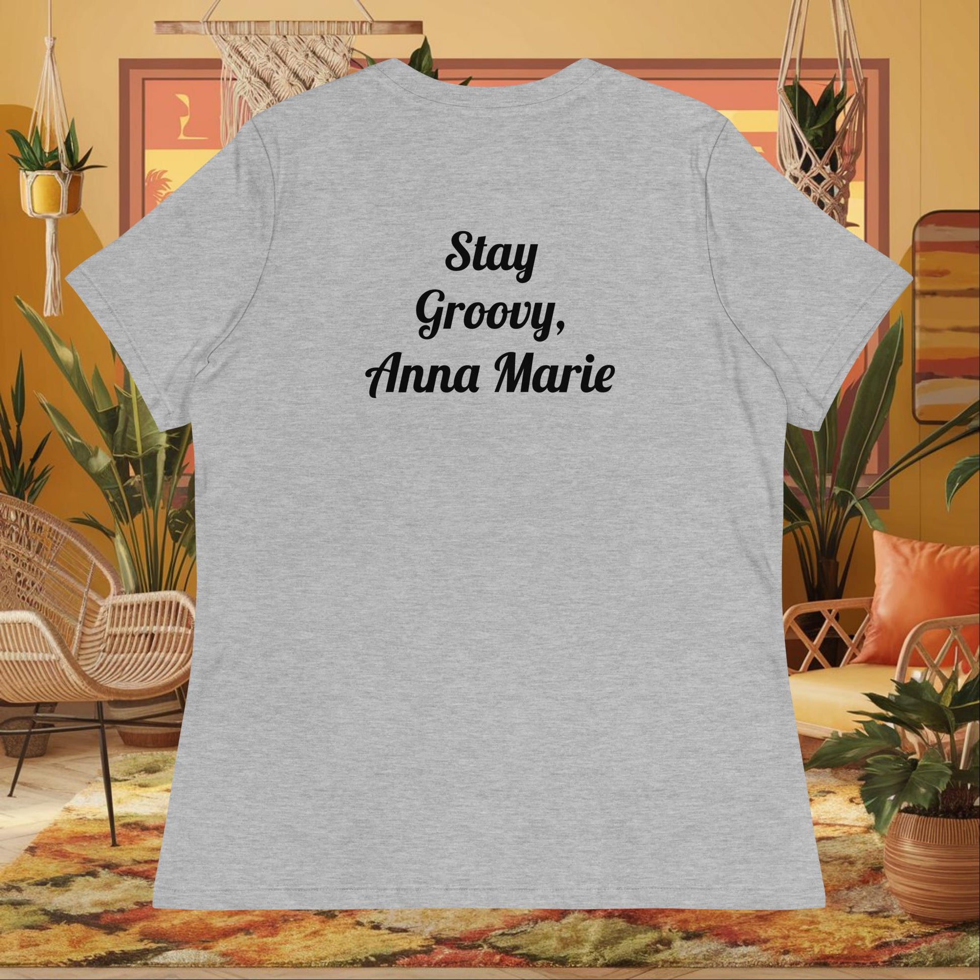 “Mind Groovy, Soul Steady” women’s relaxed t-shirt displaying positive energy wellness quote