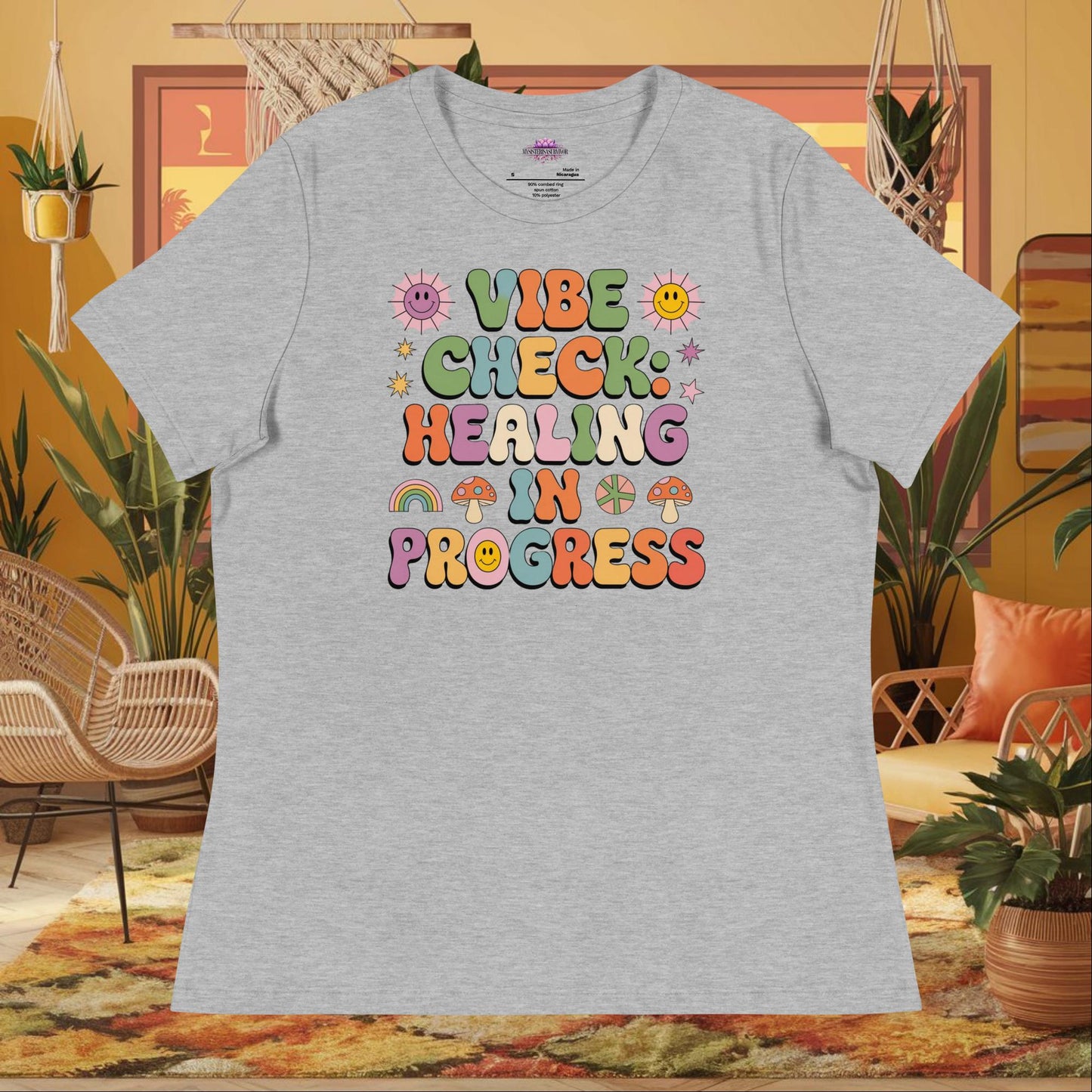 “Vibe Check Healing in Progress” women’s relaxed t-shirt featuring positive mental health design