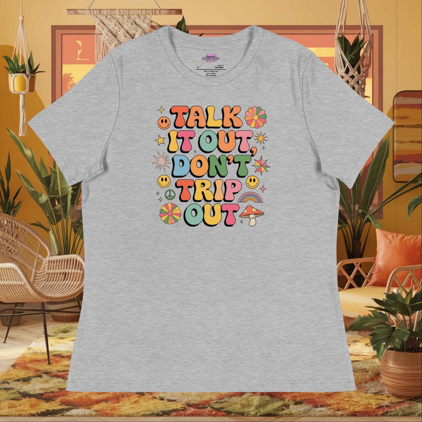 “Talk It Out Don’t Trip Out” women’s relaxed fit tee displaying therapy mental health support quote