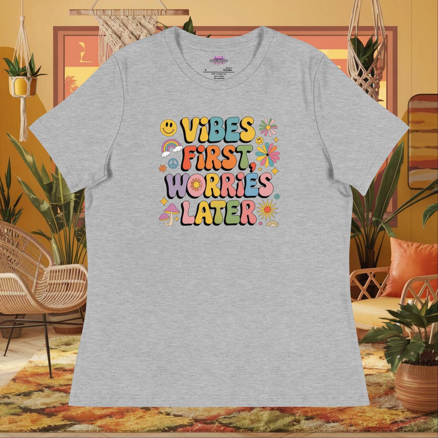 “Vibes First Worries Later” women’s relaxed fit tee with self-care mental health message