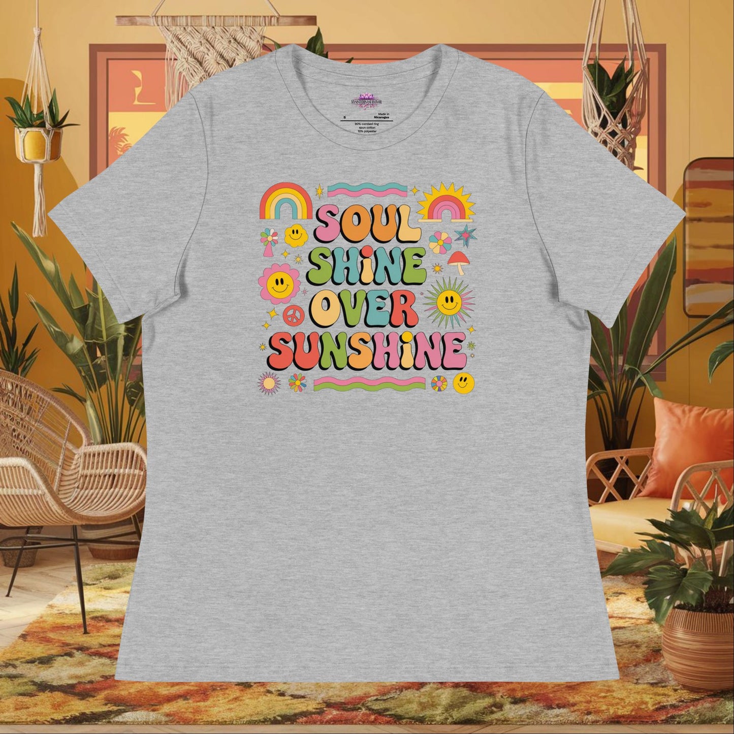“Soul Shine Over Sunshine” women’s relaxed t-shirt with spiritual wellness mental health quote