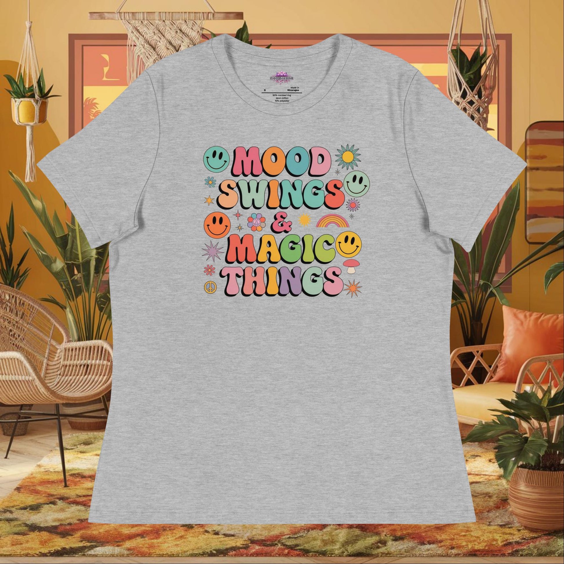 “Mood Swings & Magic Things” women’s relaxed fit tee with whimsical self-care design