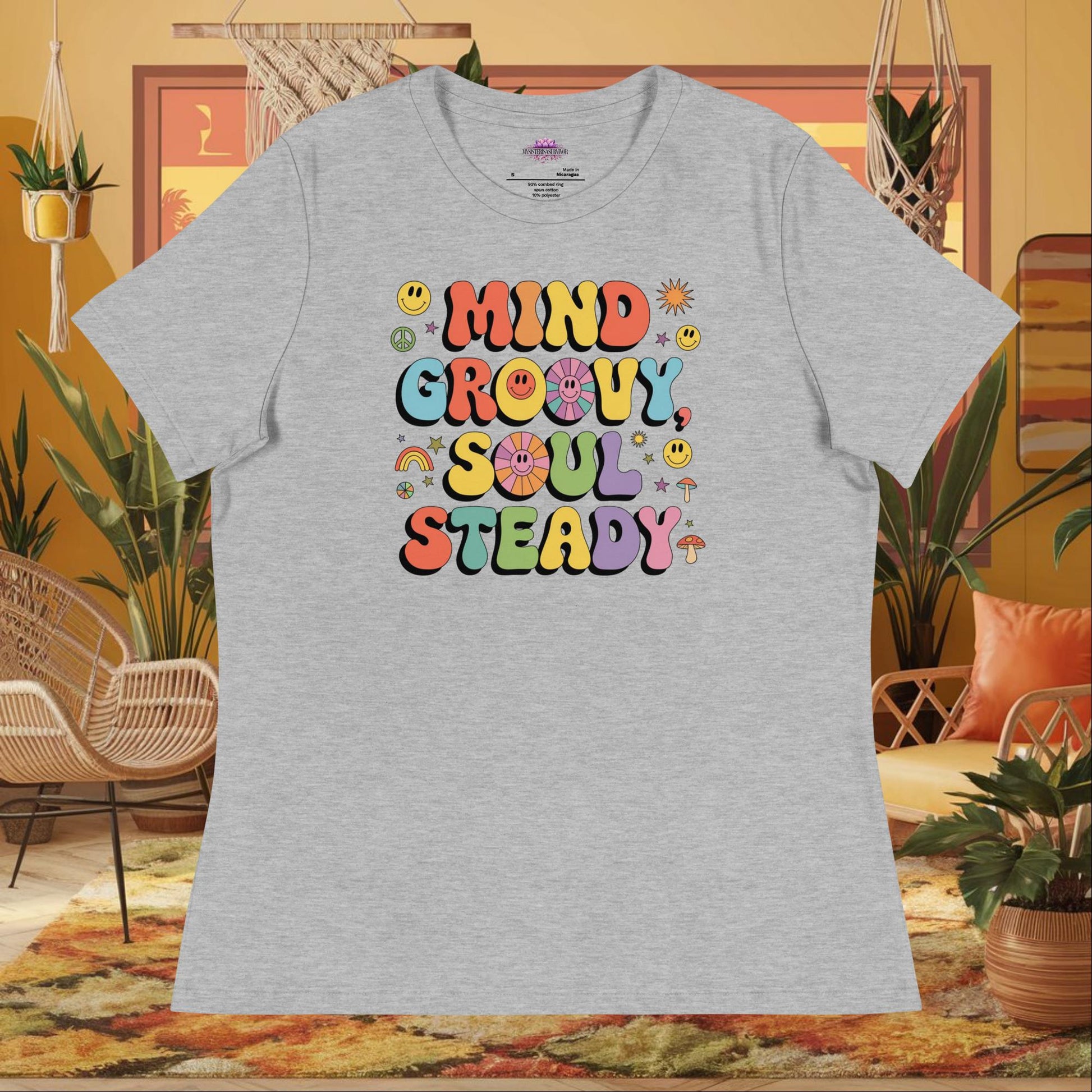 “Mind Groovy, Soul Steady” women’s relaxed t-shirt displaying positive energy wellness quote