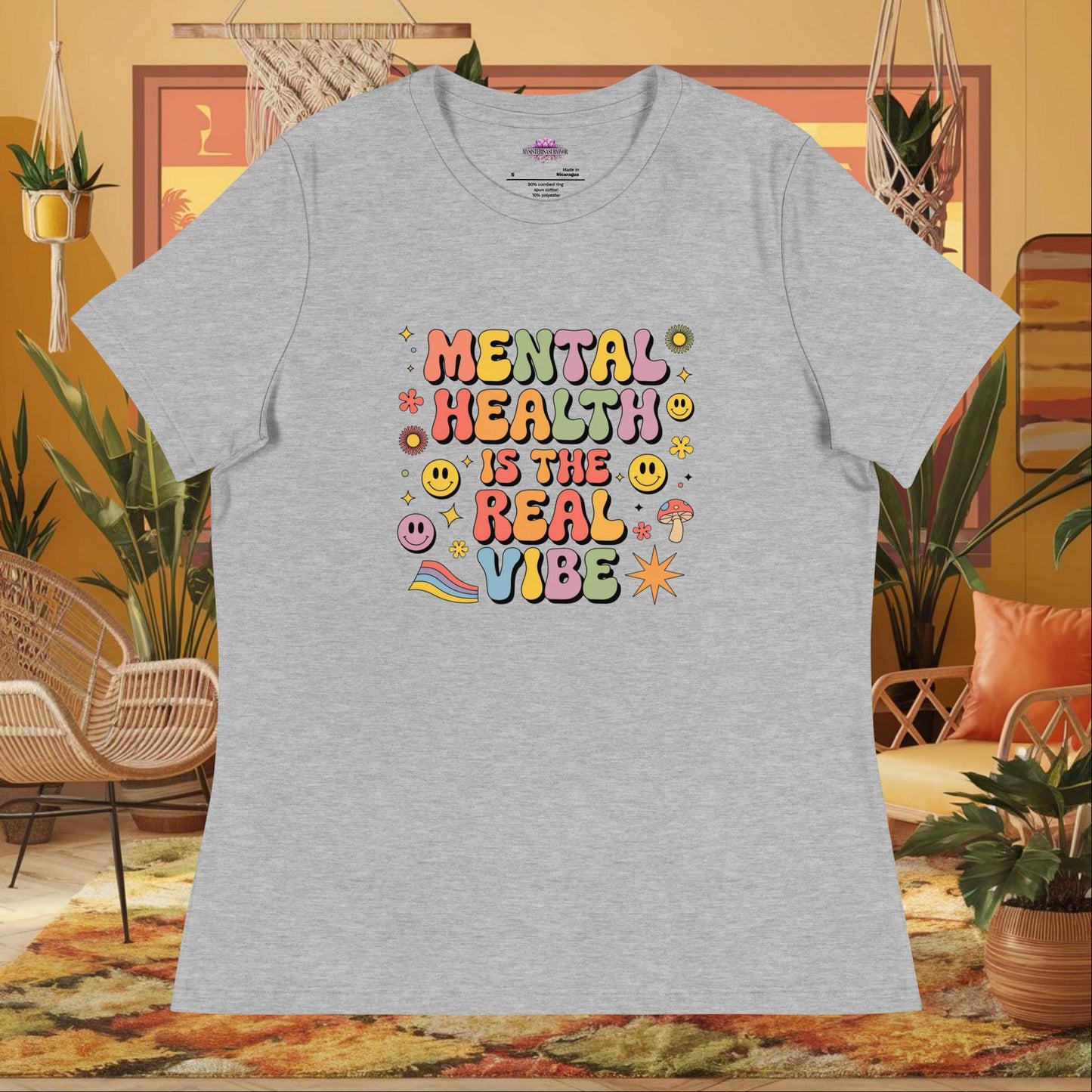 “Mental Health Is the Real Vibe” women’s relaxed fit tee with healing and therapy message