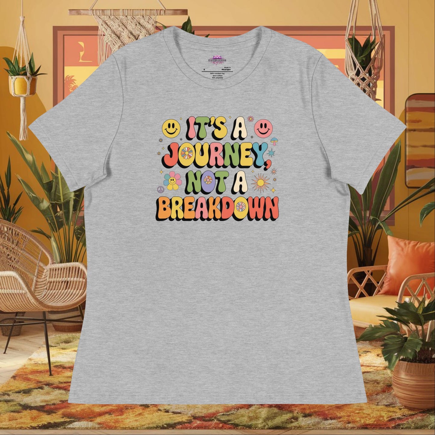 “It’s a Journey, Not a Breakdown” women’s relaxed fit tee showing a mental health healing quote
