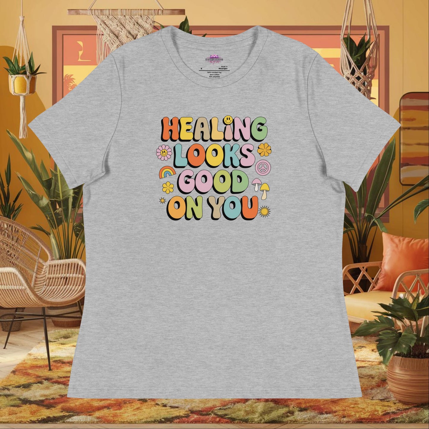 “Healing Looks Good on You” women’s relaxed t-shirt with self-care affirmation mental health message
