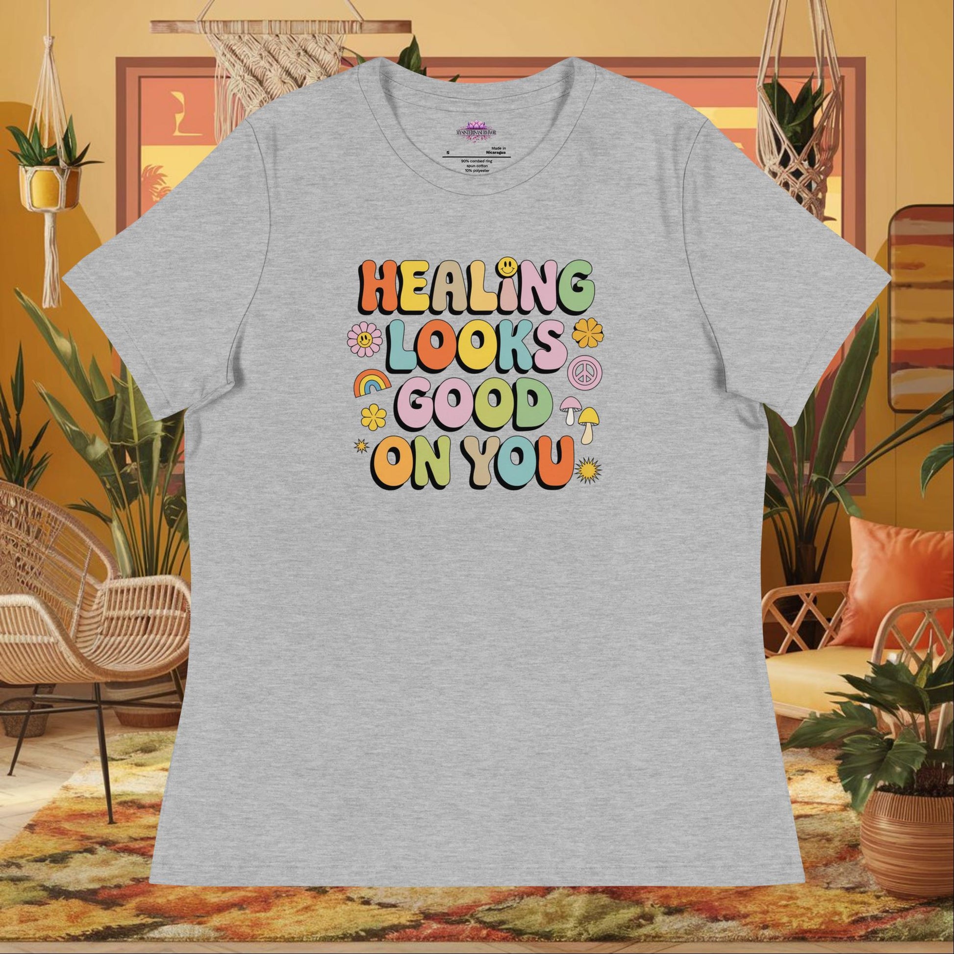 “Healing Looks Good on You” women’s relaxed t-shirt with self-care affirmation mental health message