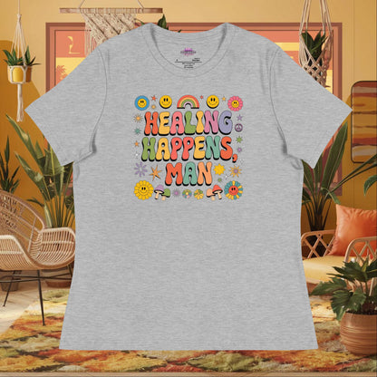 “Healing Happens, Man” women’s relaxed fit t-shirt displaying a retro mental health support design