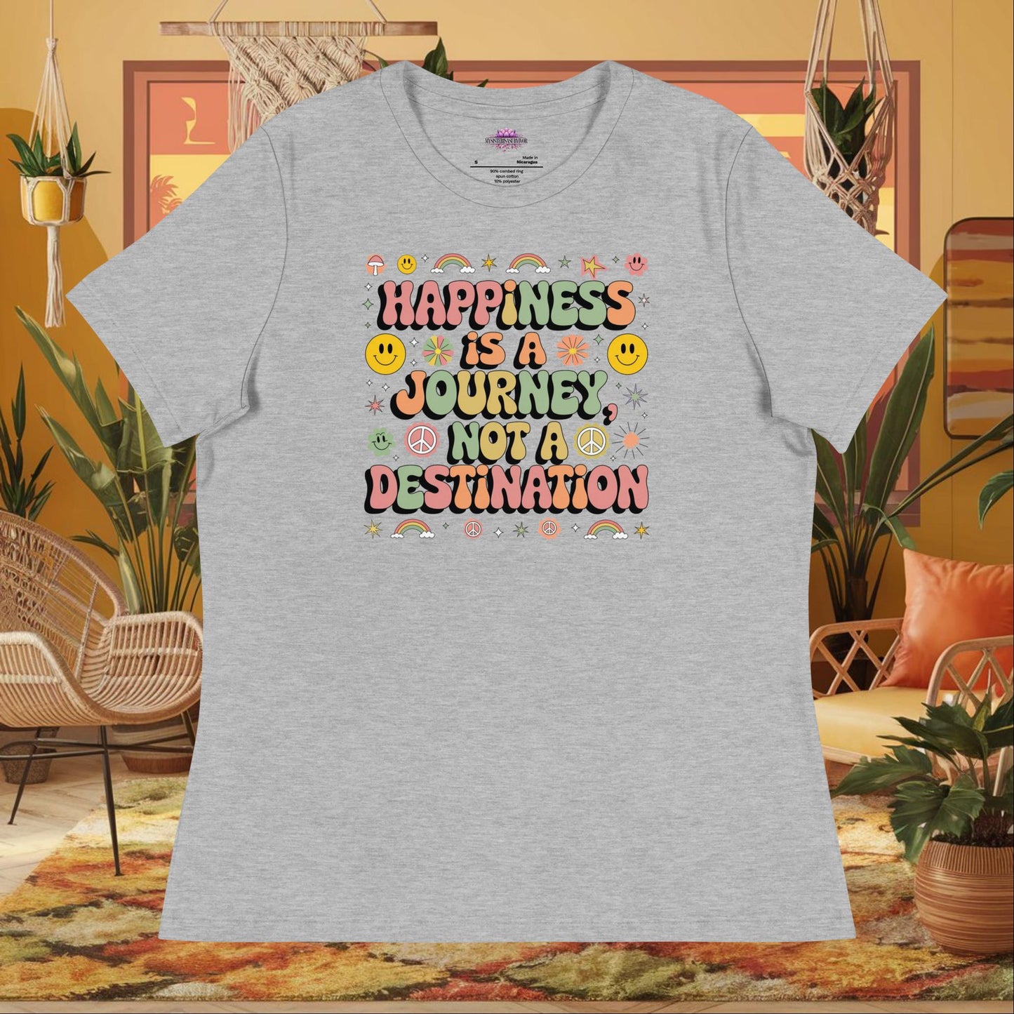 “Happiness Is a Journey Not a Destination” women’s relaxed tee featuring mindfulness wellness quote
