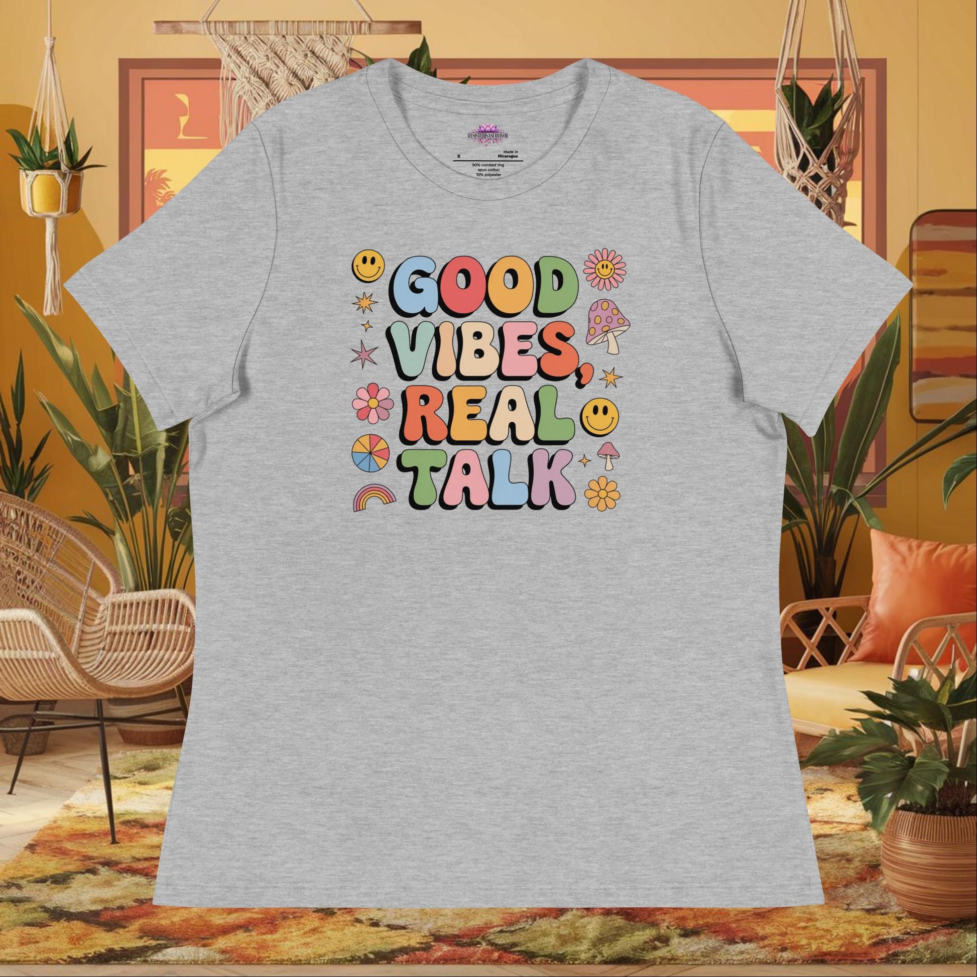 “Good Vibes, Real Talk” women’s relaxed t-shirt featuring a mental health healing affirmation design
