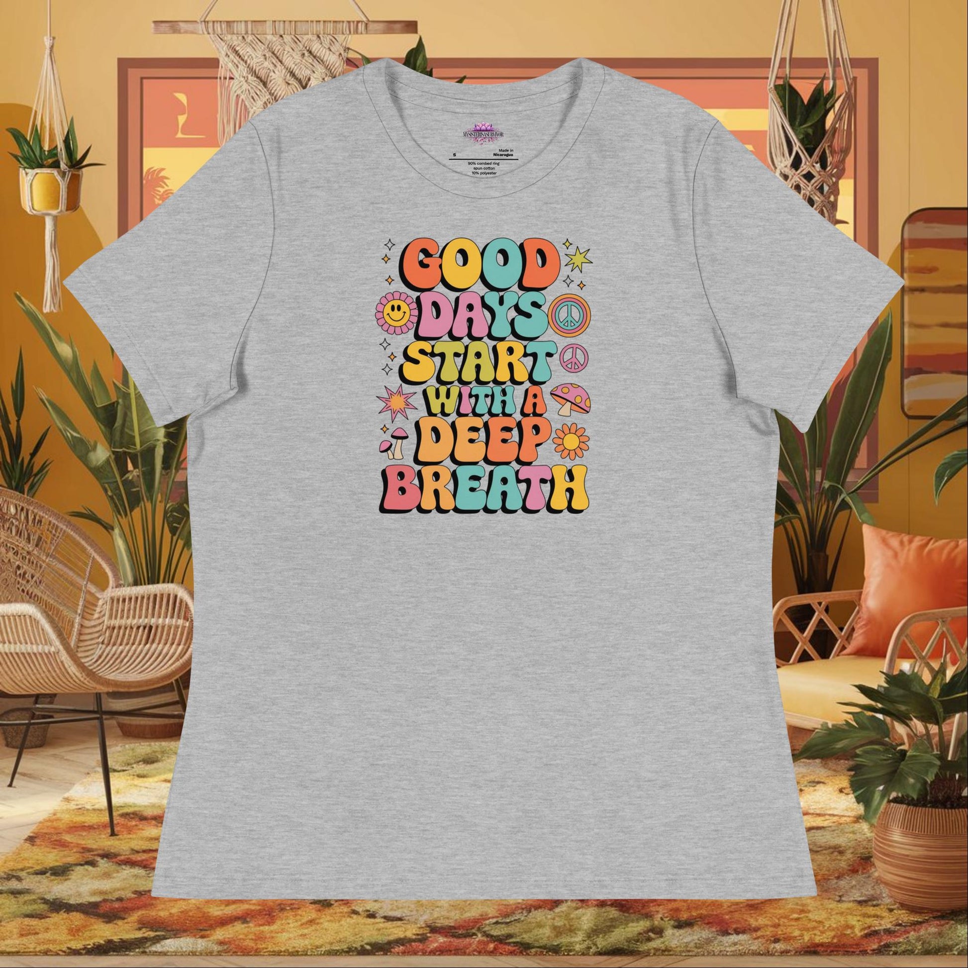 “Good Days Start with a Deep Breath” women’s relaxed fit tee with anxiety relief wellness quote