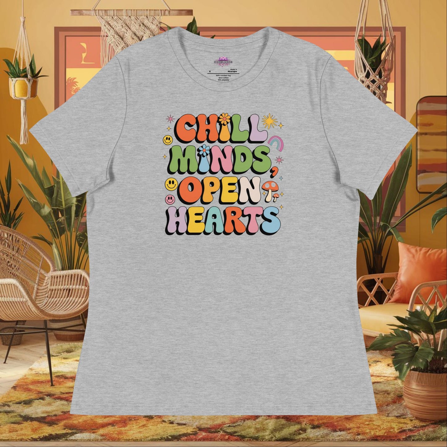 “Chill Minds Open Hearts” women’s relaxed t-shirt with positive mental health and wellness message