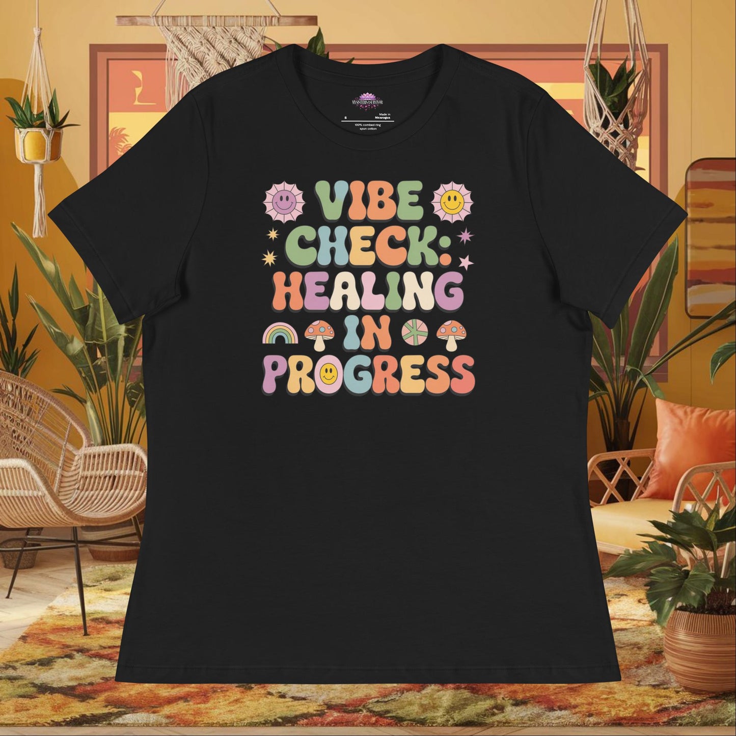 “Vibe Check Healing in Progress” women’s relaxed t-shirt featuring positive mental health design