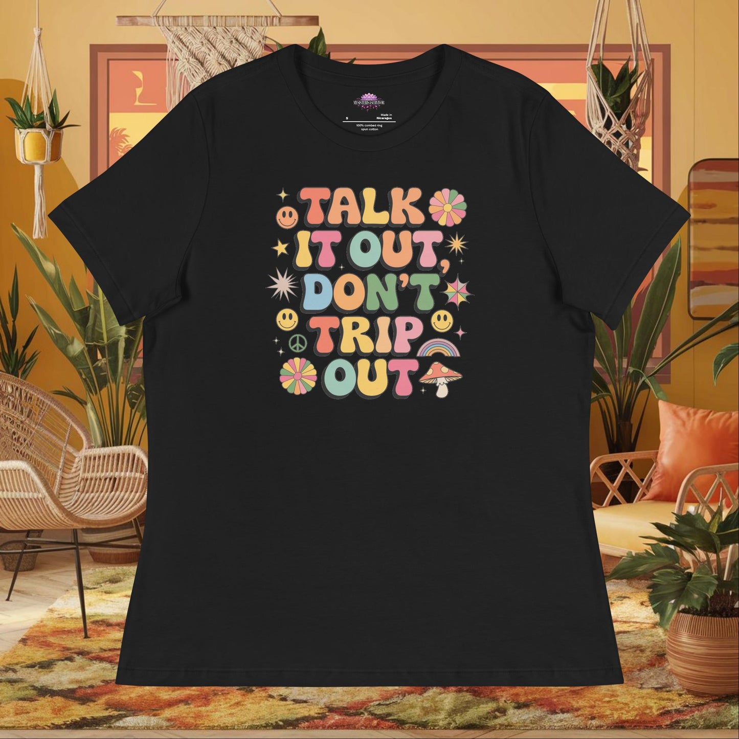 “Talk It Out Don’t Trip Out” women’s relaxed fit tee displaying therapy mental health support quote