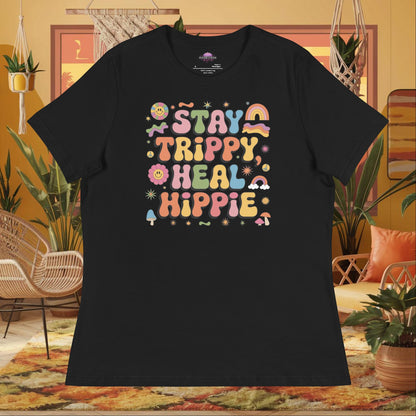 “Stay Trippy, Heal Hippie” women’s relaxed fit tee featuring positive healing mental health design