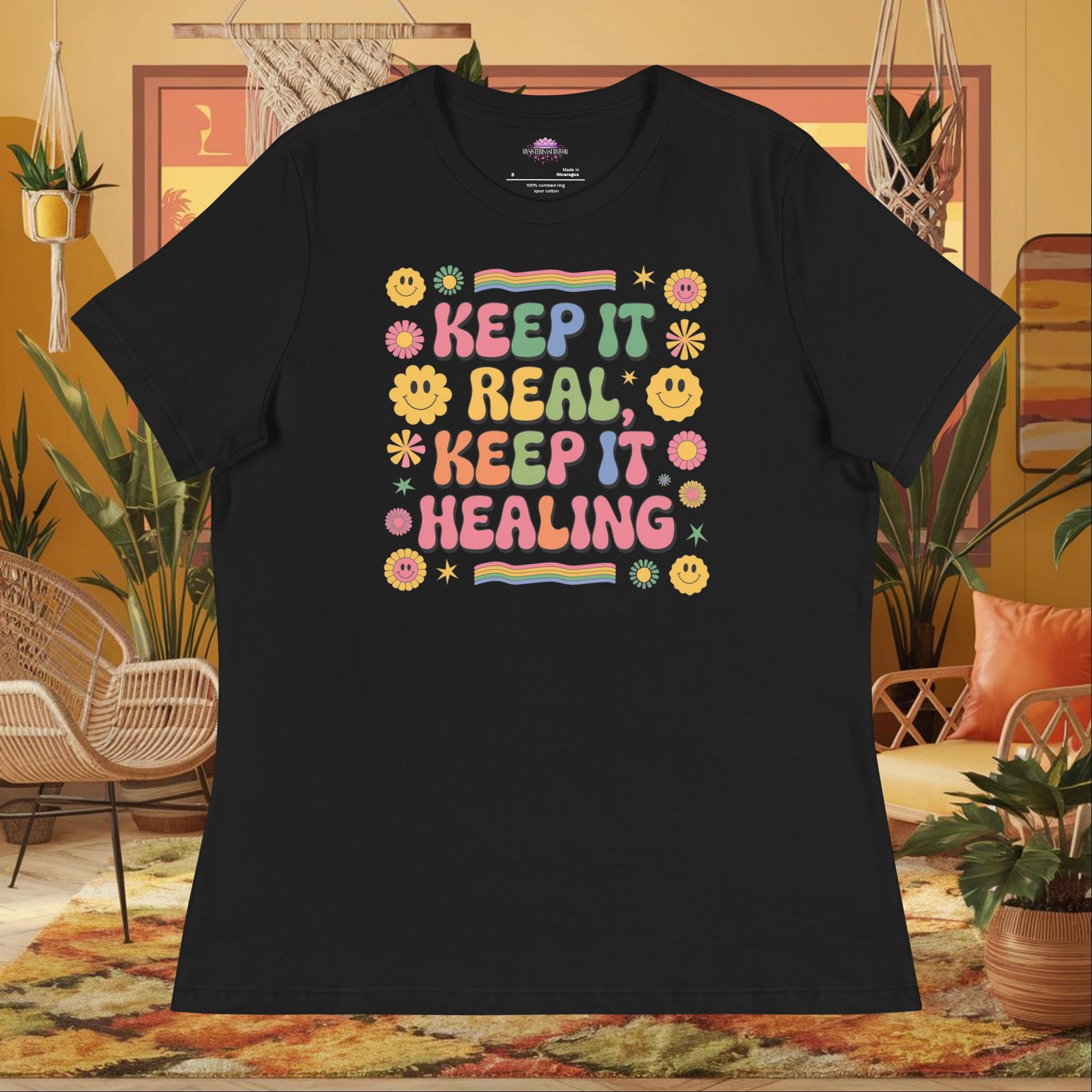 “Keep It Real, Keep It Healing” women’s relaxed fit tee with positive mental health quote