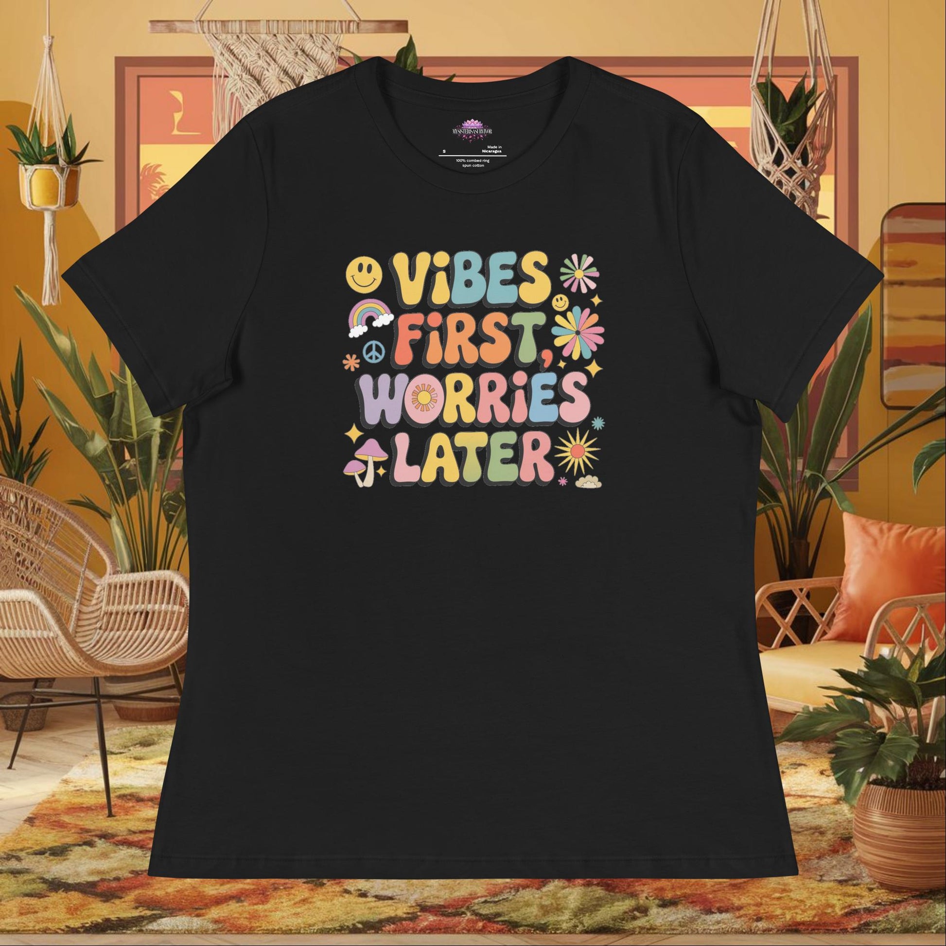 “Vibes First Worries Later” women’s relaxed fit tee with self-care mental health message