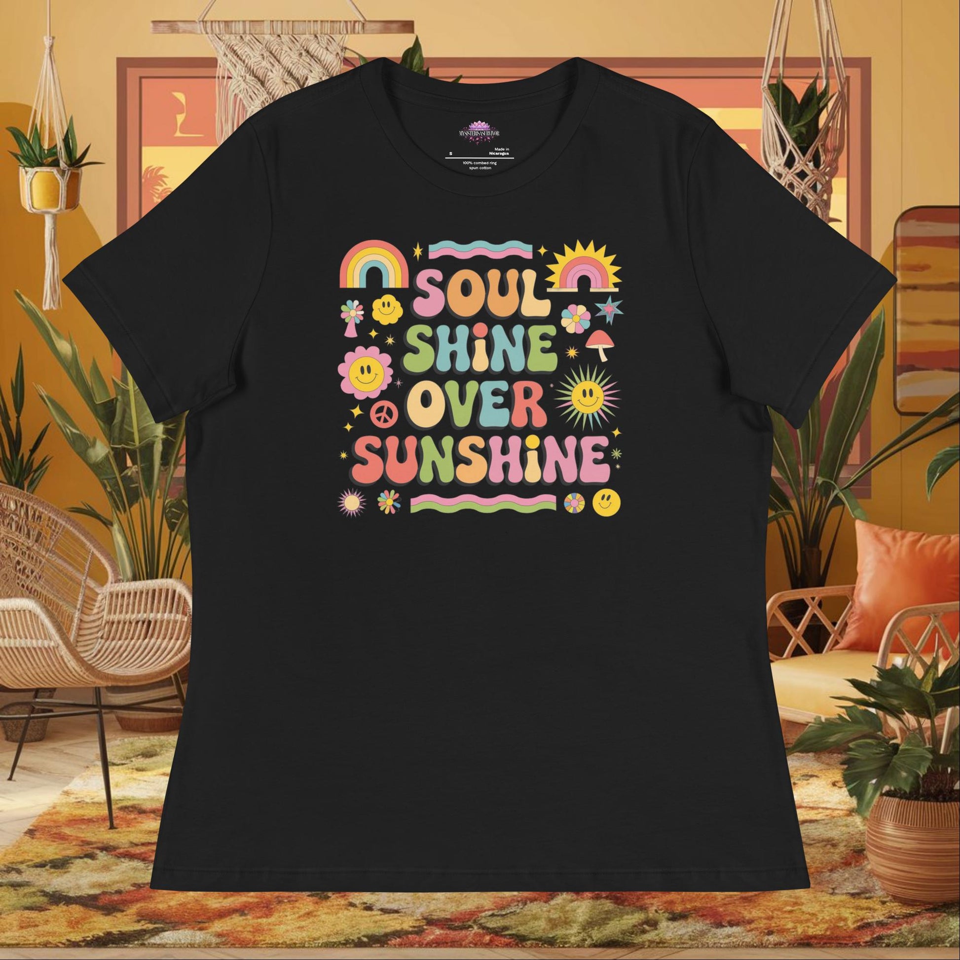 “Soul Shine Over Sunshine” women’s relaxed t-shirt with spiritual wellness mental health quote
